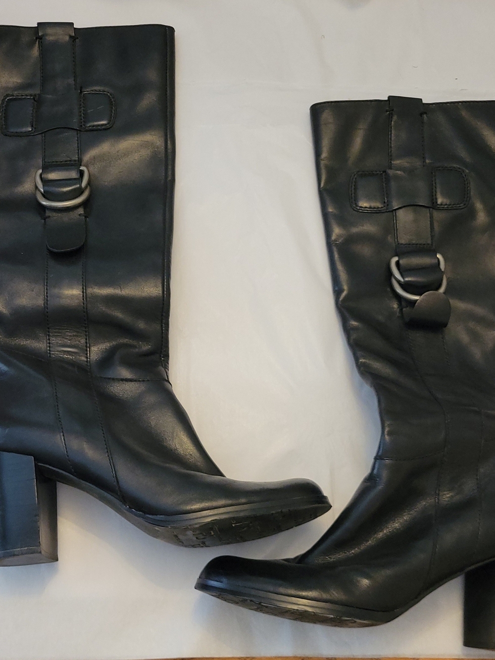Franco Sarto Black Leather Mid-Calf Heeled Boots with Buckle Detail